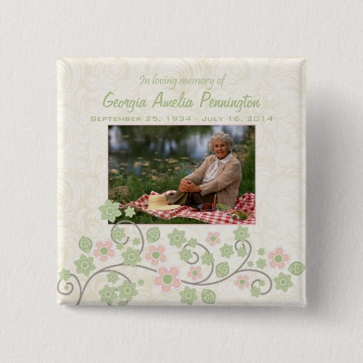 Roze groene bloem in memoriam foto pinback button (Voorkant)