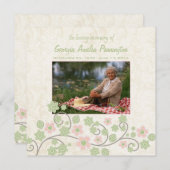 Roze groene bloem in memoriam fotoplatte kaart (Voorkant / Achterkant)