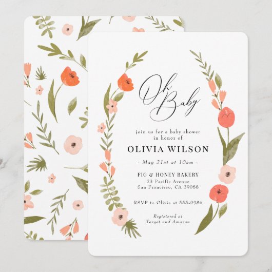 Roze Groene Bloem Krans Baby shower Uitnodiging (Voorkant / Achterkant)