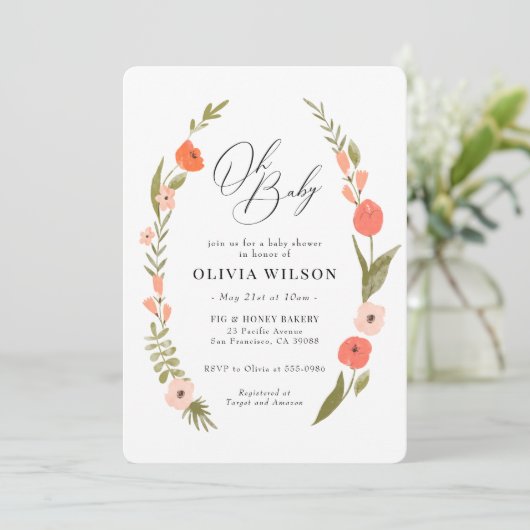 Roze Groene Bloem Krans Baby shower Uitnodiging (Staand voorkant)