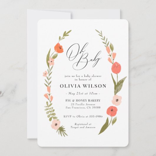 Roze Groene Bloem Krans Baby shower Uitnodiging (Voorkant)