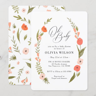 Roze Groene Bloem Krans Baby shower Uitnodiging