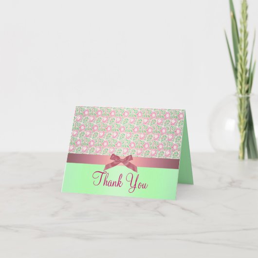 Roze/groene bloem & linten bedankkaart (Voorkant)
