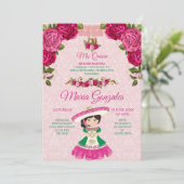 Roze & Groene Bloem Roos Fiesta Mexicaans Mis Quin Kaart (Staand voorkant)