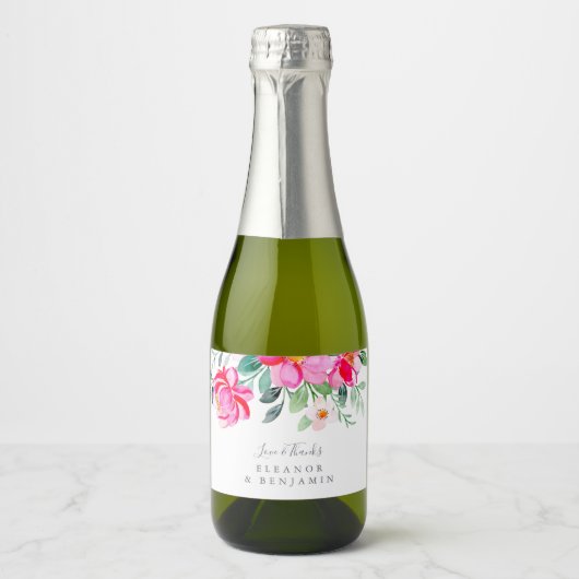 Roze Groene Bloemen Aangepaste Bruiloft Dank u Min Sparkling Wijnetiket (Voorkant)