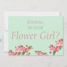 Roze Groene Bloemen Ben jij mijn bloemenmeisje Kaart