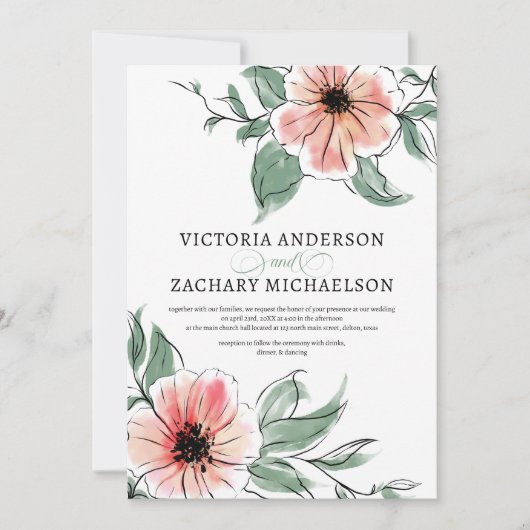  roze groene bloemen botanische bruiloft kaart (Voorkant)