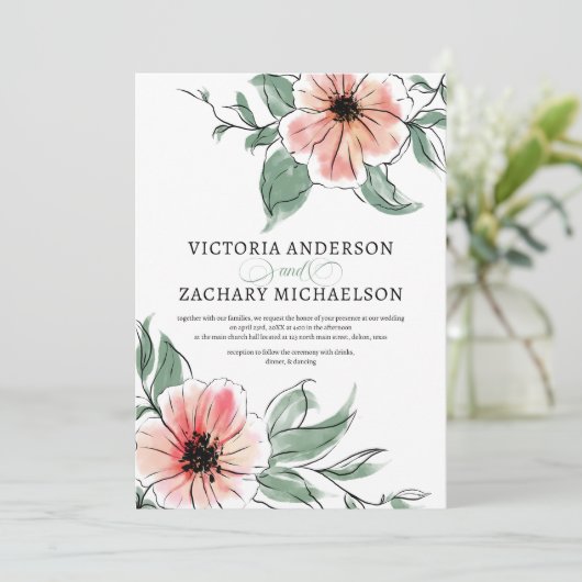roze groene bloemen botanische bruiloft kaart (Staand voorkant)