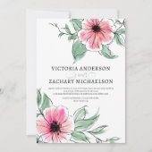  roze groene bloemen botanische bruiloft kaart (Voorkant)