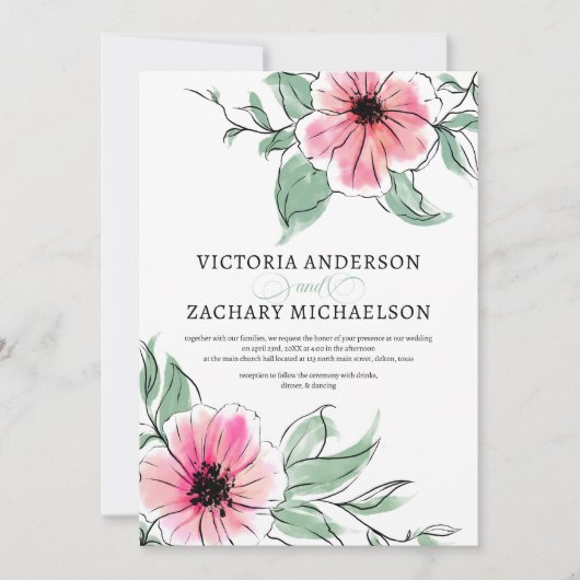  roze groene bloemen botanische bruiloft kaart (Voorkant)