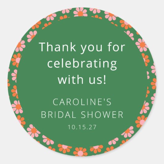 Roze Groene Bloemen Bruidsdouche Eigen Bedankje Ronde Sticker (Voorkant)