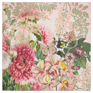 roze groene bloemen bruine vlinder stof