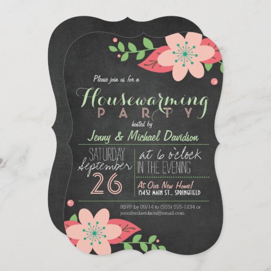 Roze, Groene Bloemen Chalkboard Housewarming Party Kaart (Voorkant / Achterkant)