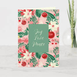 Roze Groene Bloemen Joy Love Peace Christmas Kaart