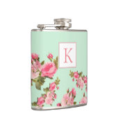 Roze Groene Bloemen Monogram Bruidsmeisje Kolf Heupfles (Rechts)