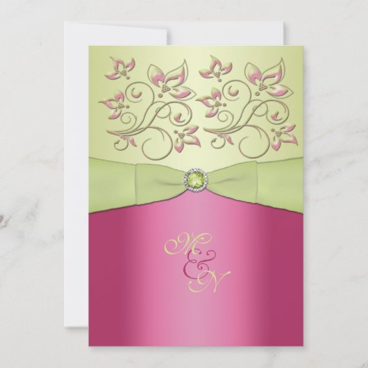 Roze, Groene Bloemen Monogram Bruiloft Uitnodiging (Voorkant)