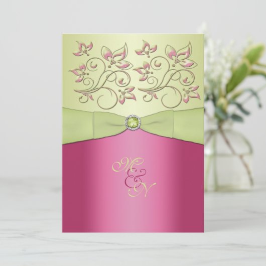 Roze, Groene Bloemen Monogram Bruiloft Uitnodiging (Staand voorkant)