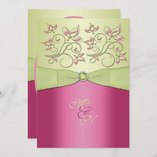 Roze, Groene Bloemen Monogram Bruiloft Uitnodiging (Voorkant / Achterkant)