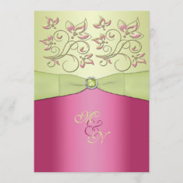 Roze, Groene Bloemen Monogram Bruiloft Uitnodiging