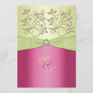 Roze, Groene Bloemen Monogram Bruiloft Uitnodiging