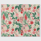 Roze Groene Bloemen Retro Kerst Wrapping Papier (Vlak)