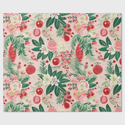 Roze Groene Bloemen Retro Kerst Wrapping Papier (Vlak)