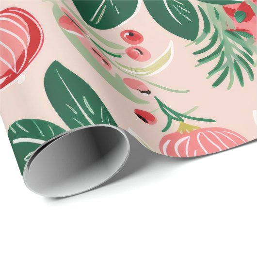 Roze Groene Bloemen Retro Kerst Wrapping Papier (Rol Hoek)