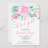 Roze groene bloemen roos waterverf meisje baby sho kaart (Voorkant)