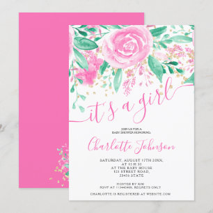 Roze groene bloemen roos waterverf meisje baby sho kaart