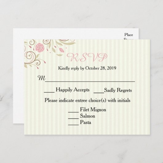 Roze & Groene Bloemen Streep Huwelijk RSVP Post Ka Uitnodiging Briefkaart (Voorkant / Achterkant)