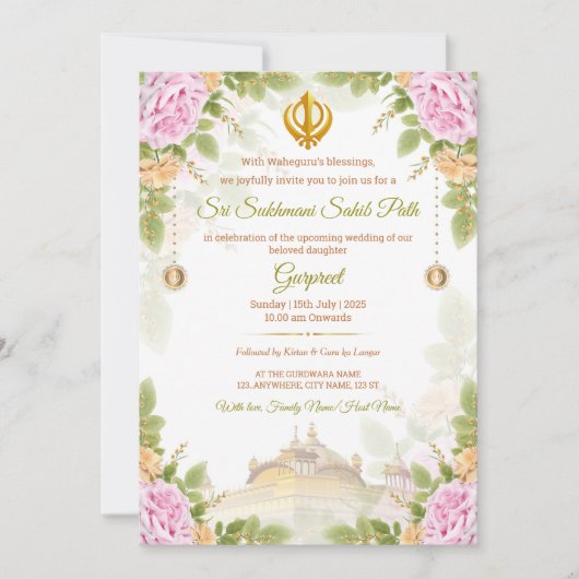 Roze & Groene Bloemen Sukhmani Path Invitation Kaa Kaart (Voorkant)
