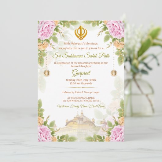 Roze & Groene Bloemen Sukhmani Path Invitation Kaa Kaart (Staand voorkant)