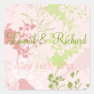 Roze & Groene Bloemen Trouwstickers Vierkante Sticker