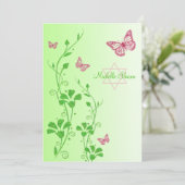 Roze, Groene Bloemen Vlinders Vleermuis Mitzvah In Kaart (Staand voorkant)