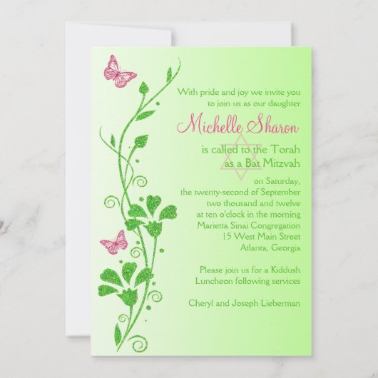 Roze, Groene Bloemen Vlinders Vleermuis Mitzvah In Kaart (Achterkant)