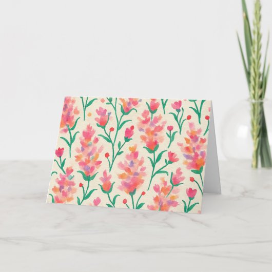 Roze & Groene Bloemen Waterverf Blank Groet Kaart (Voorkant)