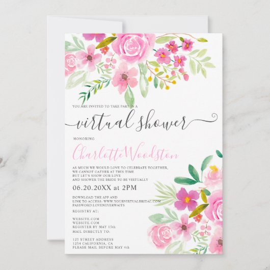 Roze groene bloemen waterverf script virtual showe kaart (Voorkant)