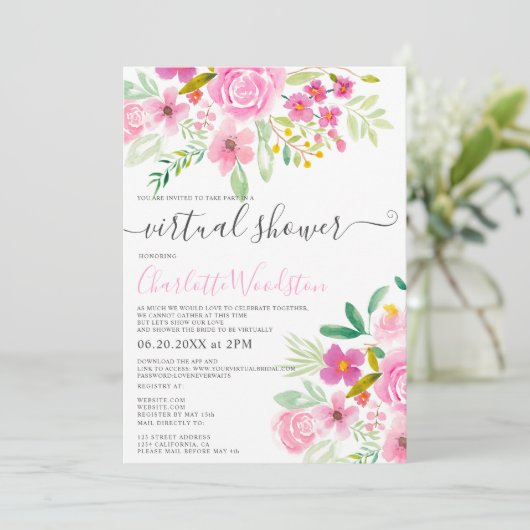 Roze groene bloemen waterverf script virtual showe kaart (Staand voorkant)