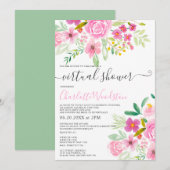 Roze groene bloemen waterverf script virtual showe kaart (Voorkant / Achterkant)