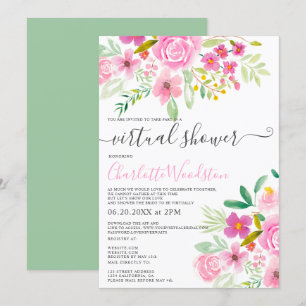 Roze groene bloemen waterverf script virtual showe kaart