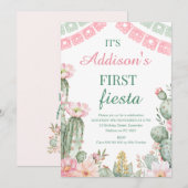 Roze groene bloemencactus eerste Fiesta 1e verjaar Kaart (Voorkant / Achterkant)