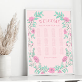Roze groene bloemenkrans bruiloft zitgrafiek poster