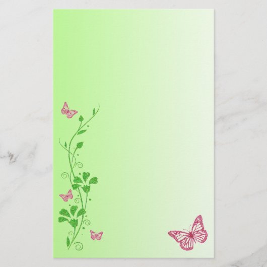 Roze, Groene Bloemenvlinders Bruiloft Stationery Briefpapier (Voorkant)