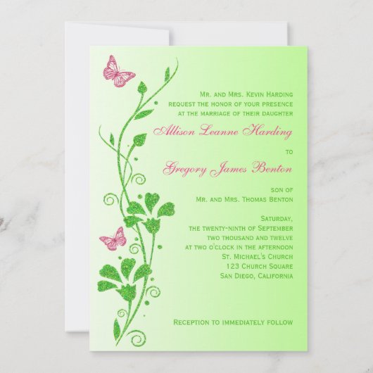 Roze, groene bloemenvlinders bruiloft uitnodiging (Achterkant)