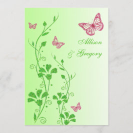 Roze, groene bloemenvlinders bruiloft uitnodiging