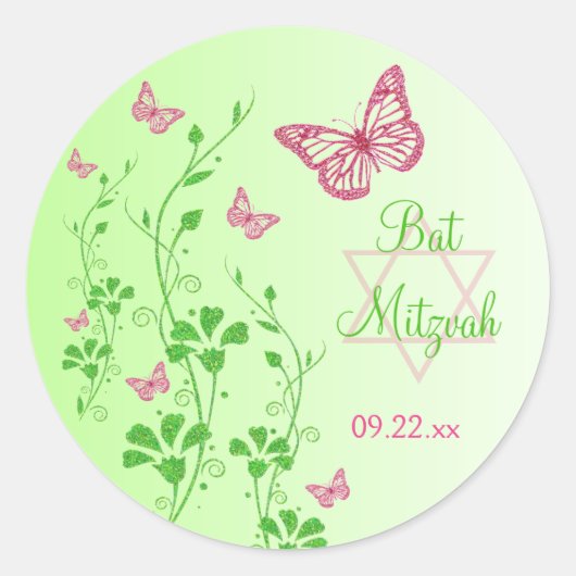 Roze, groene bloemenvlinders vleermuis mitzvah Sti Ronde Sticker (Voorkant)