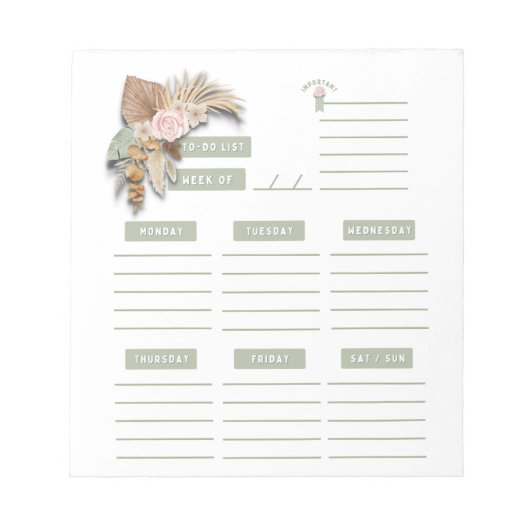Roze Groene Bloemige Boho Weekplanner Organizer  Notitieblok (Voorkant)
