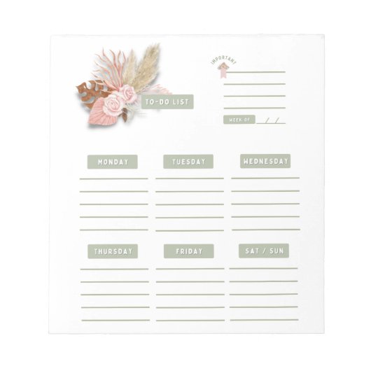 Roze Groene Bloemige Boho Weekplanner Organizer Notitieblok (Voorkant)