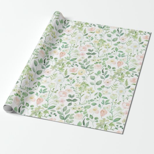 Roze Groene Bloemige Bruids Bruiloft Baby Shower Cadeaupapier (Uitgerold)