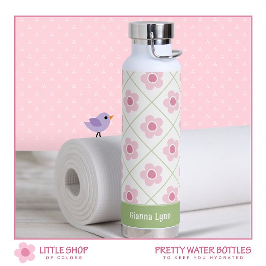Roze Groene Bloemige Gepersonaliseerde Waterfles